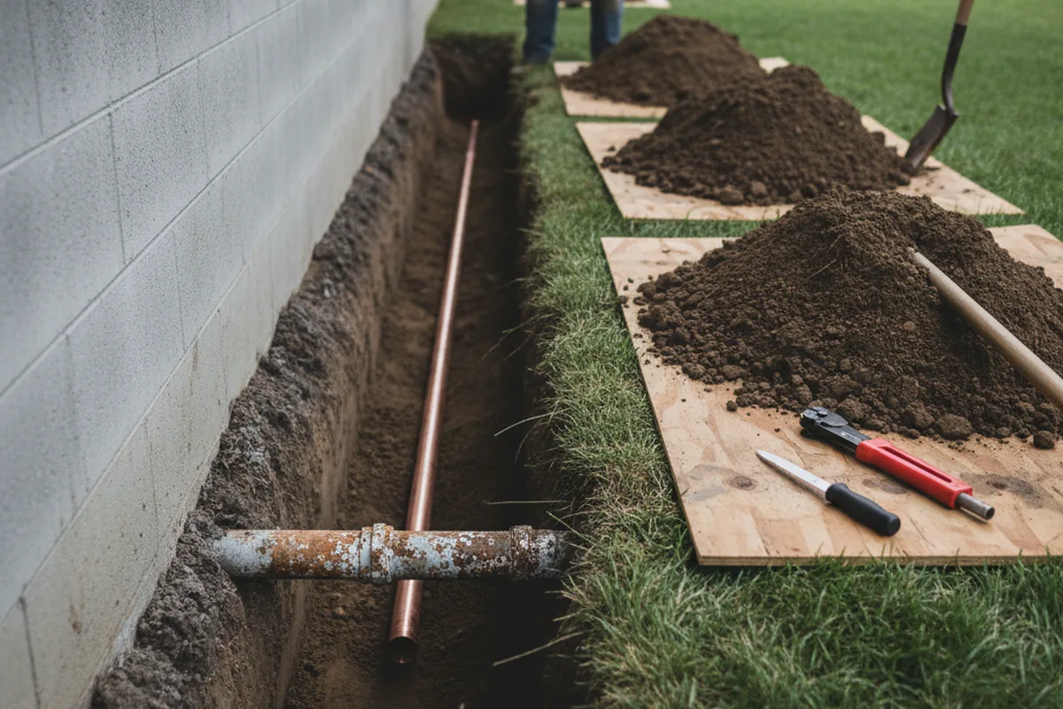 Excavated water line trench during Water Heater Repair in Gas City